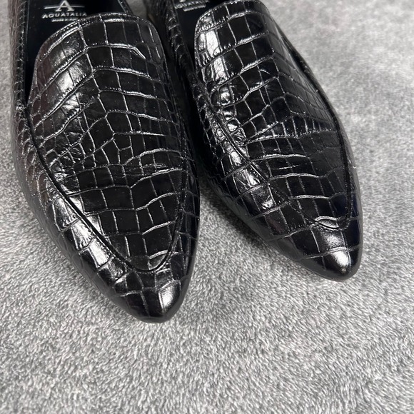 AQUATALIA Loafers Crocodile Embossed Black Leather Heels Gold Women 6.5M Italy - Picture 3 of 12